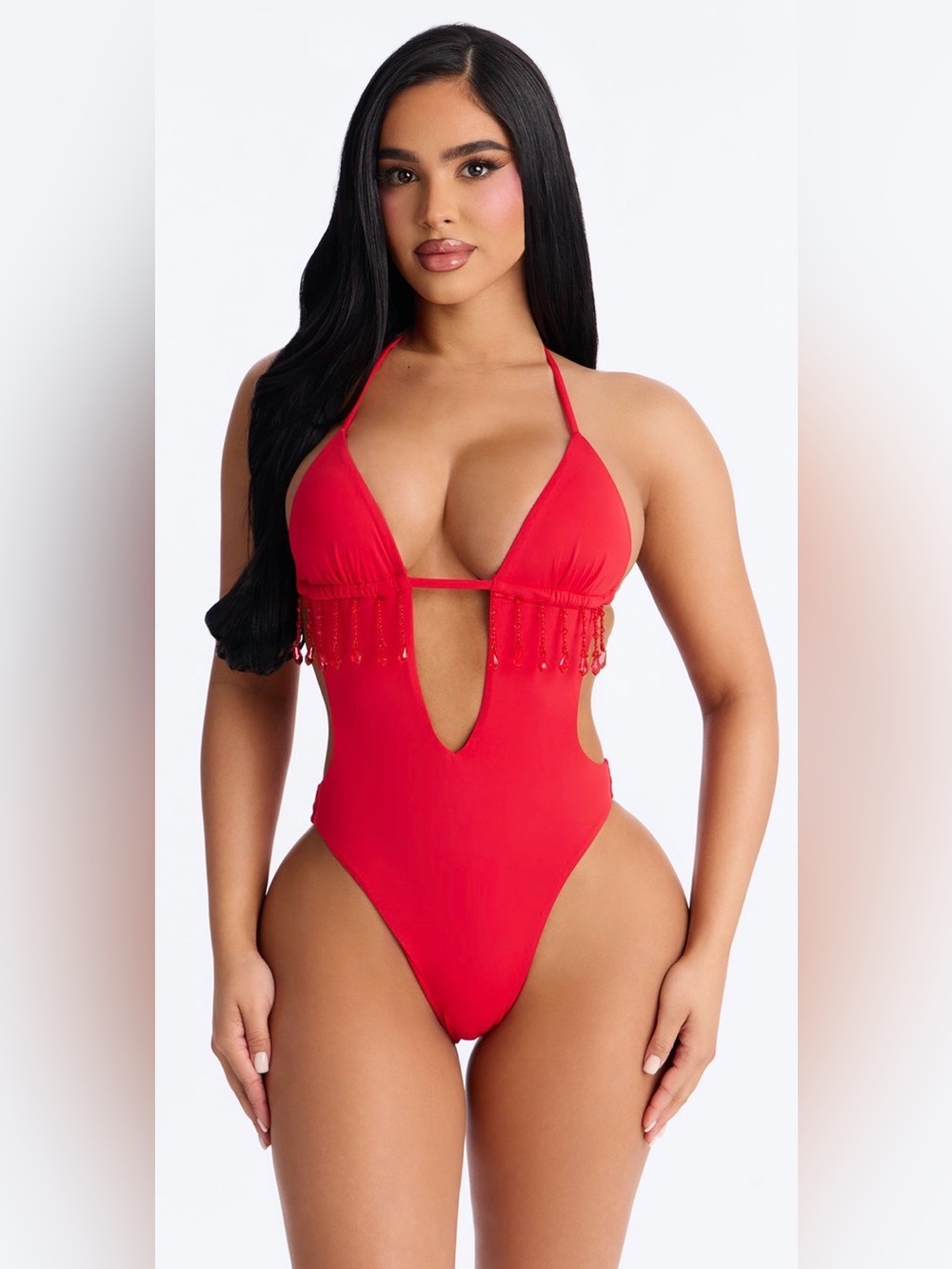 Fashion Nova Red Cutout One-Piece Swimsuit with Beaded Fringe❤️